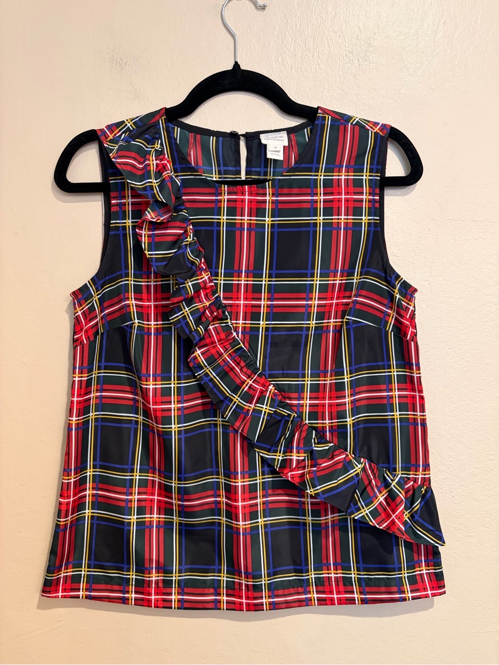 J. Crew Classic Plaid Swishy Tank Blouse w/ Ruffled Diagonal Trim, Office Xmas